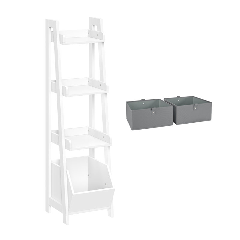 RiverRidge Kids 4-Tier 13in Ladder Shelf Toy Organizer and Book Storage with 3 Open Display Shelf - White with 2 Half Size Fabric Bins