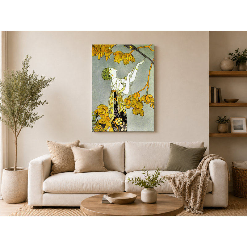 «Woman with Bird and Blossoms», art mural sur toile, 24" W x 36" H