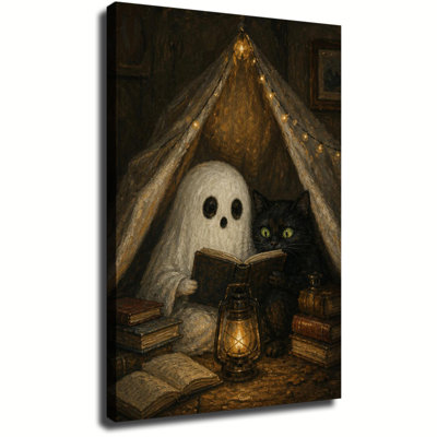 Un fantôme et un chat noir lisent un livre ensemble sous une tente en tissu illuminée par des guirlandes lumineuses, tableau sur toile style peinture à l'huile rétro