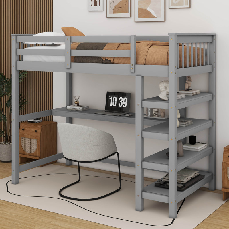 Loft Bed With Integrated Storage Shelves And Under-Bed Desk, Gray, Twin
