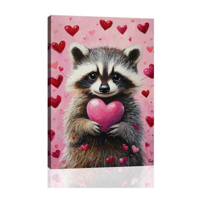 Raccoon Valentines Wall Art, Pink Valentine Day Decor, Cute Racoon Poster Gifts, Pink Love Romantic Art Print, Funny Love Prints, Sweet Valentine's Day Wedding Memorial Gifts Wooden Frame Inch