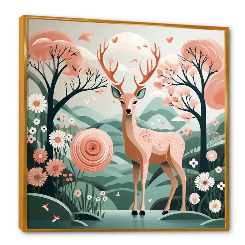 Fleur, cerf dans la faune Meadows II - art mural animal cerf, Cadre flottant doré, H 30 po x l 30 po x P 1,5 po