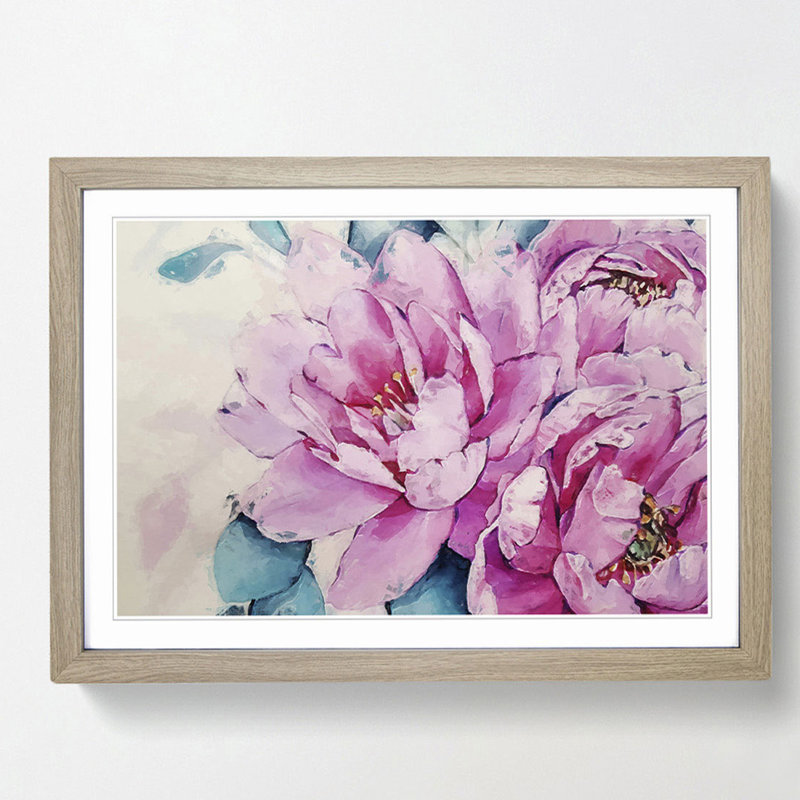 Watercolour Pink Peonies in Abstract - Picture Frame Painting Print, 40cm H x 60cm W x 2cm D, Oak