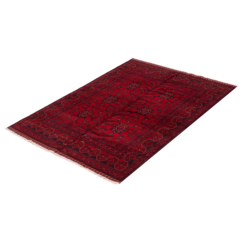 Tapis rouge en laine noué à la main de conception unique 4 pi 11 po x 6 pi 5 po New Age