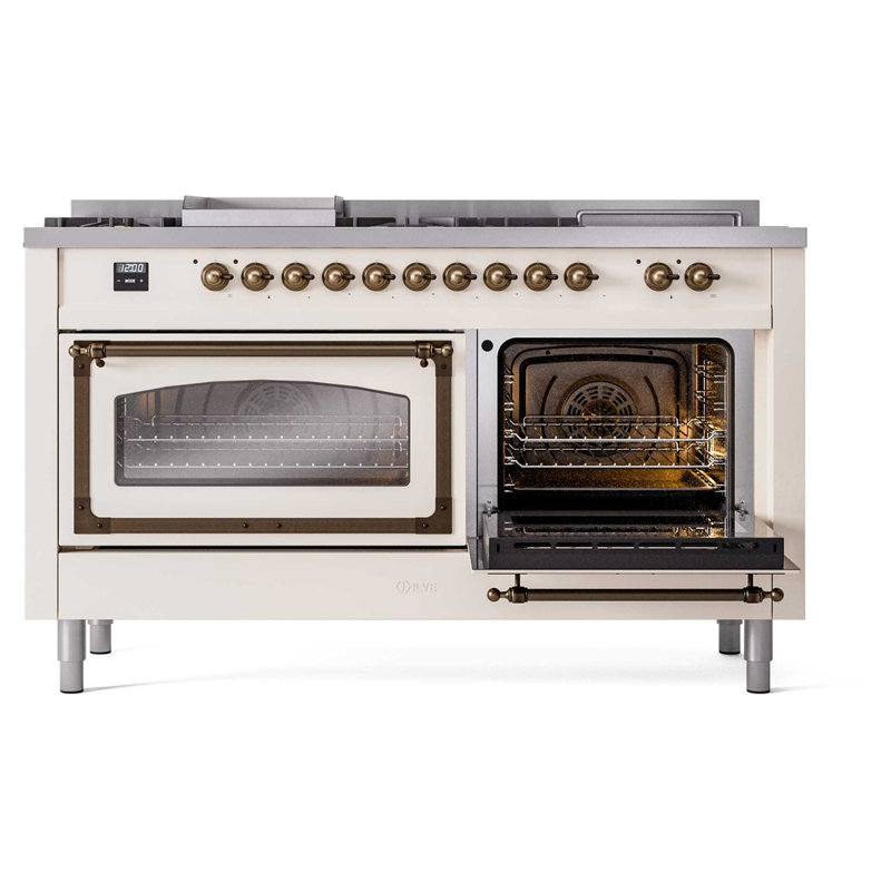 ILVE Nostalgie II Noblesse 60 in Dual Fuel Range 7 Burner, Griddle, Frenchtop, Liquid Propane, Antique White/Burnished