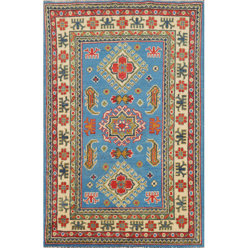 Tapis bleu géométrique Kazak 3 x 4