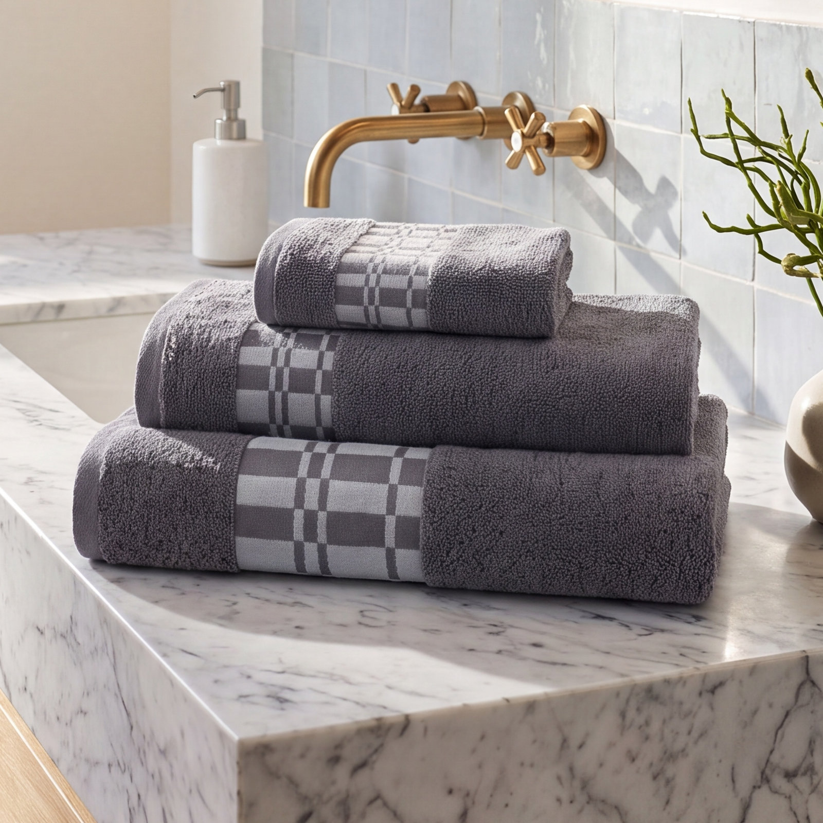 Davis 3-Piece Geometric Cotton Towel Set, Gray