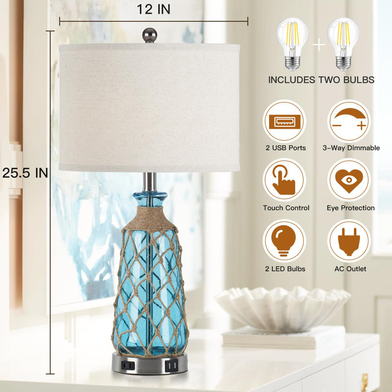 Turquoise Blue Bubble Glass Table Lamps with Beige Linen Shade, Set of 2