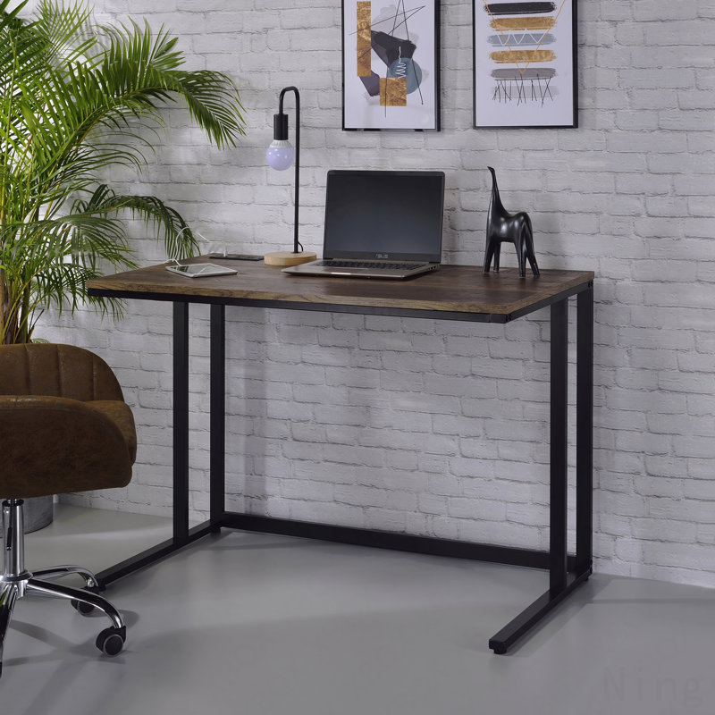 Writing Desk, Walnut & Black with USB Port, Black