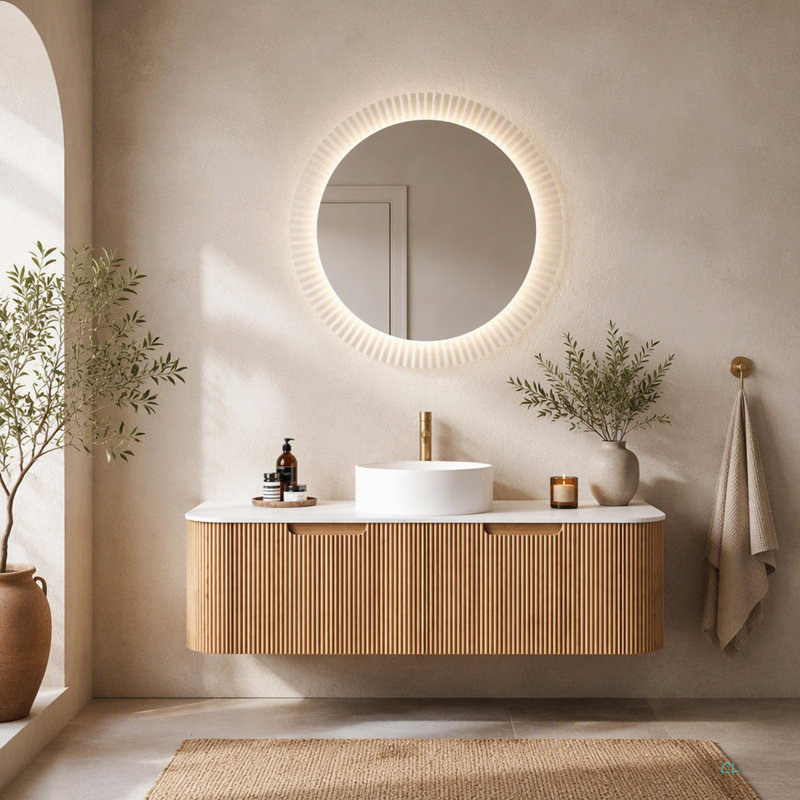 Meuble-lavabo de salle de bain 48 po à bords arrondis flottants avec 2 tiroirs, comptoir en pierre de Carrare fritté, pré-assemblé