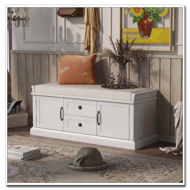 Banc de rangement avec 2 tiroirs et 2 armoires, banc à chaussures avec coussin amovible pour le salon, vestibule, Blanc