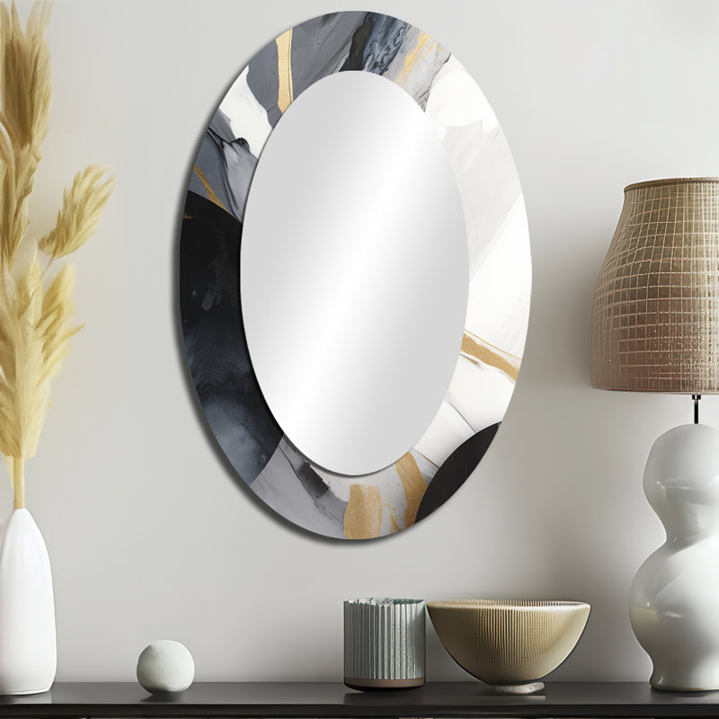 Black And Gold Harmony Of Marble I - Black Modern Oval Wall Mirror, 36" x 24"