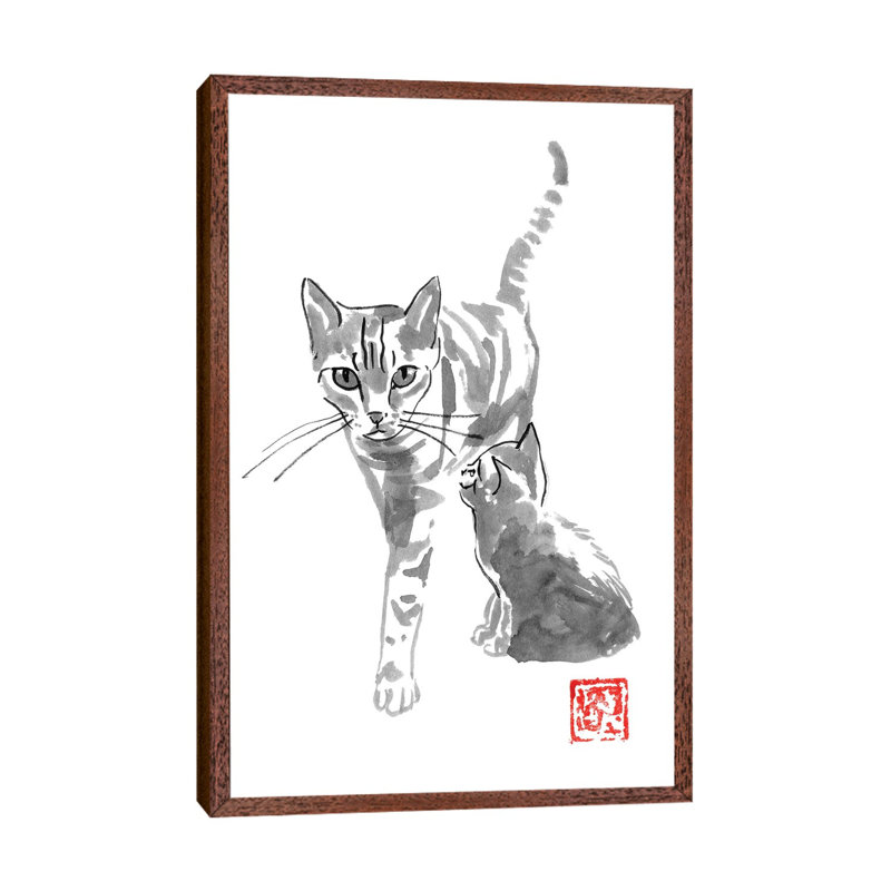 Cat And Mom by Péchane - Painting on Canvas, 66.04 cm H x 45.72 cm W, Classic Brown Wood Framed