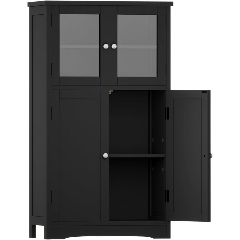 Armoire de cuisine avec portes en verre, petite armoire avec tablette réglable, armoire de cuisine, armoire de sol pour salle de bain, salle à manger, salon, noir