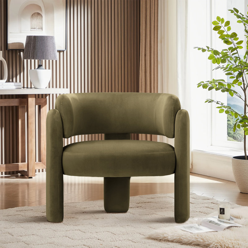 33" Wide Upholstered Modern 3-Legs Barrel Accent Chair, Green Velvet