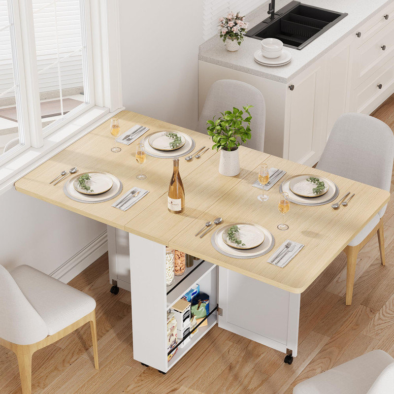 Table de salle à manger pliante avec rangement, table de cuisine à 6 roulettes, convient aux cuisines, appartements, petits espaces