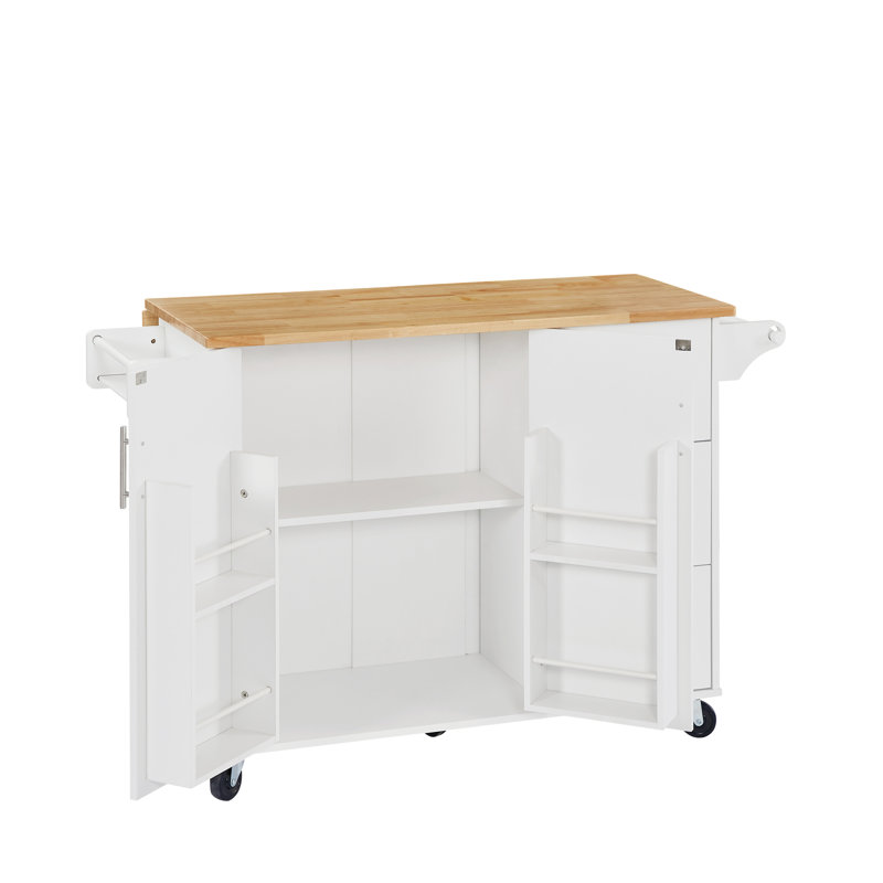 Îlot de cuisine Space avec 5 roulettes lisses, armoire de rangement et comptoir rabattable pliable, Blanc
