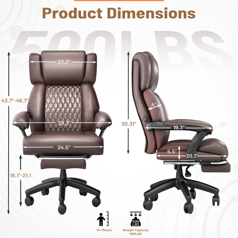Chaise de bureau robuste de 500 lb avec support lombaire réglable, repose-pieds, Brun