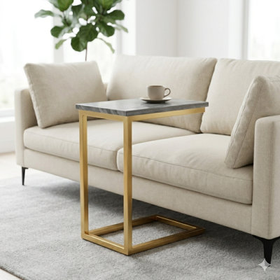 Skyler 10"W Genuine Marble Top Contemporary C-Side Table With Metal Frame And Slide-Under Design