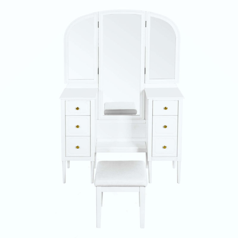 Bureau de coiffeuse antique avec miroir triple, ensemble de coiffeuse à 6 tiroirs avec tabouret, miroir pleine grandeur pour le vestiaire de la chambre à coucher