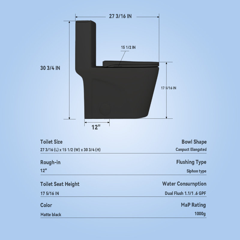 1.1/1.6 GPF Tornado Flush One-Piece Toilet for bathrooms,Siphonic S-trap 12",Elongated Bowl with Soft Close Seat,Powerful Dual Flush MAP 1000g,Comfort Chair Seat ADA Height 17", Matte black