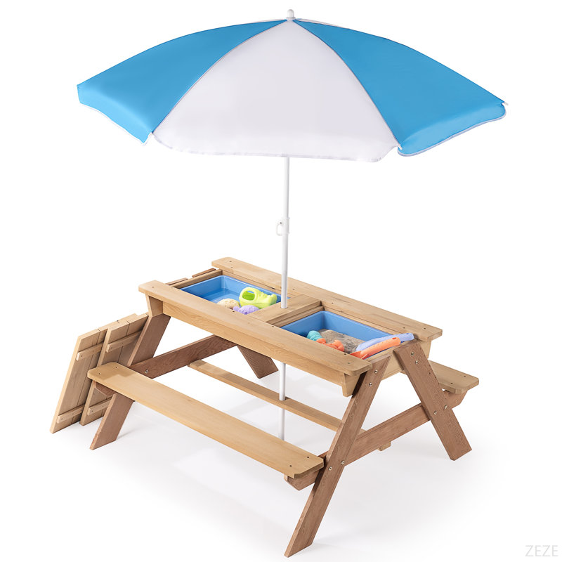 Table de pique-nique en bois pour enfants 3 en 1 avec parasol, sable et mer convertible, Natural/Brown