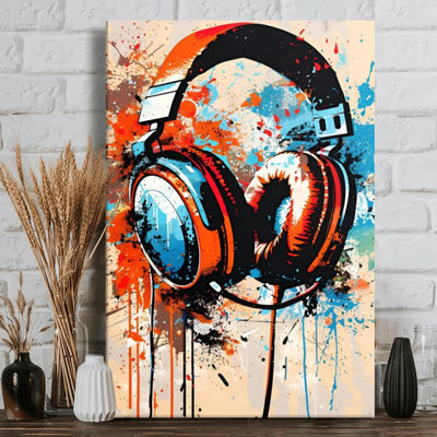 Casque avec éclaboussures de peinture vibrantes, art mural sur toile - style Pop Art. Peinture moderne, galerie profonde de 1 po, 24 po x 36 po