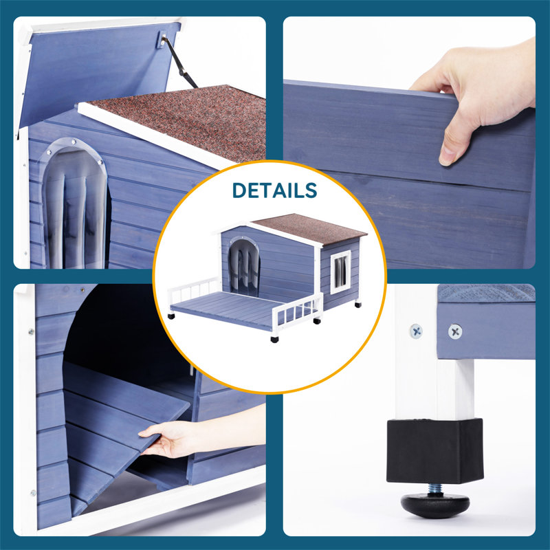 Large Blue and White Wooden Dog House with Terrace