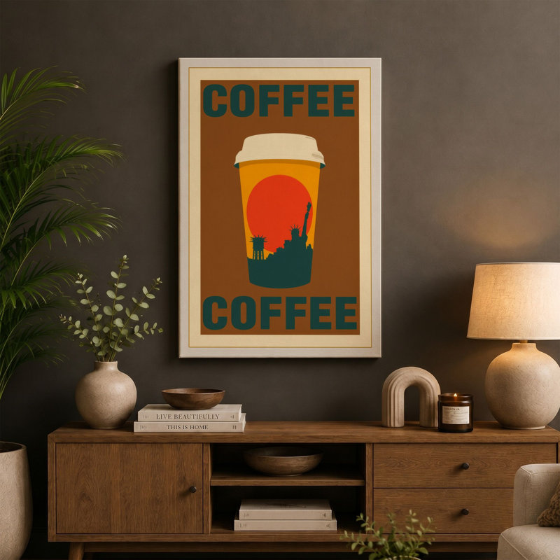 Coffee and Mountains Mid-Century - Wrapped Canvas, 18x12 - 45.7 x 30.5 cm, Cream Border