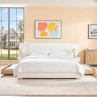  Linen Upholstered Platform Bed with Attached Nightstands, Storage Drawers and Wood Slat Support