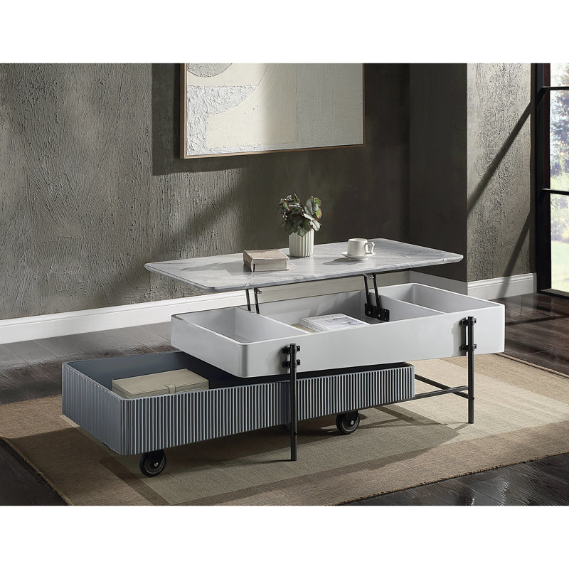 Table basse contemporaine grise et blanche avec système de rangement efficace