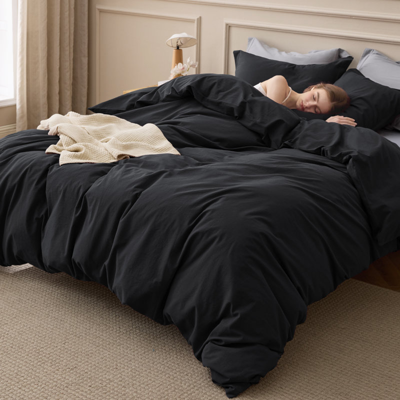 Bedsure 100% Washed Cotton Duvet Cover King Set - Minimalist Cotton Beding Set For All Season（set of 3）, Black