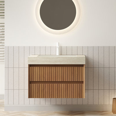 Meuble-lavabo mural 30 po, pierre frittée dorée, armoire en contreplaqué en céramique teintée, unité de tiroir à fermeture en douceur, comptoir en pierre, façade en bois massif, facile à installer
