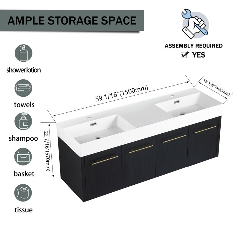 Meuble-lavabo double 59 po avec plateau en résine Allisia