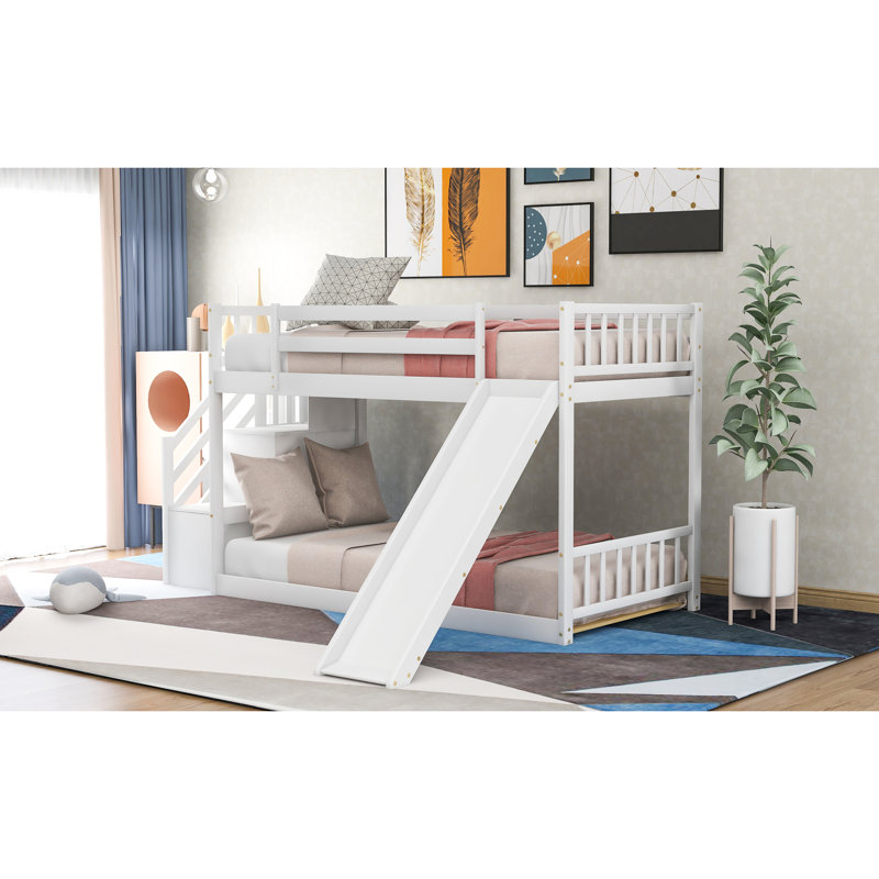 Lit simple au-dessus d'un lit superposé blanc avec glissade et escalier - Bois compact de qualité et peu encombrant, Blanc