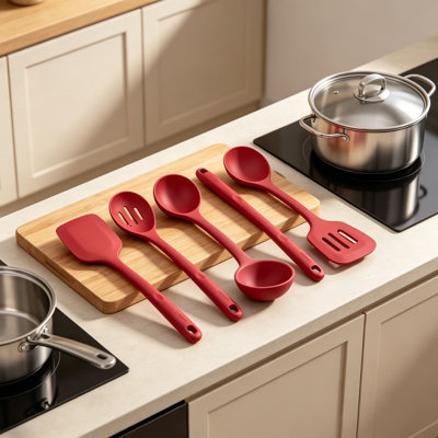 Silicone Kitchen Cooking Utensil Set, High Heat Resistant 13.6in Long Kitchen Gadgets, BPA Free Non Stick Rubber Cook Accessories for Stir Frying, Serving, Basting, Mixing, 5 Pieces Red
