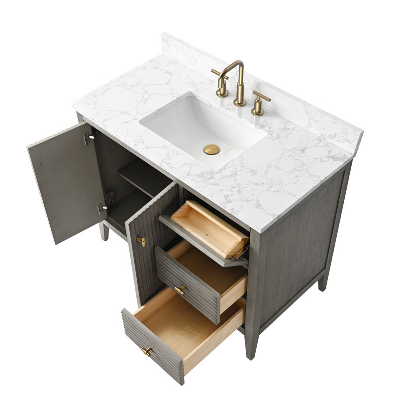 Laval 42" Single Sink Freestanding Bathroom Vanity with Engineered Marble Top, Golden Brushed, Linear Driftwood Gray