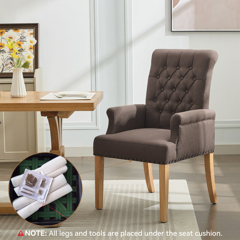 Tufted Upholstered High Back Dining Armchair, Linen, Brown Linen