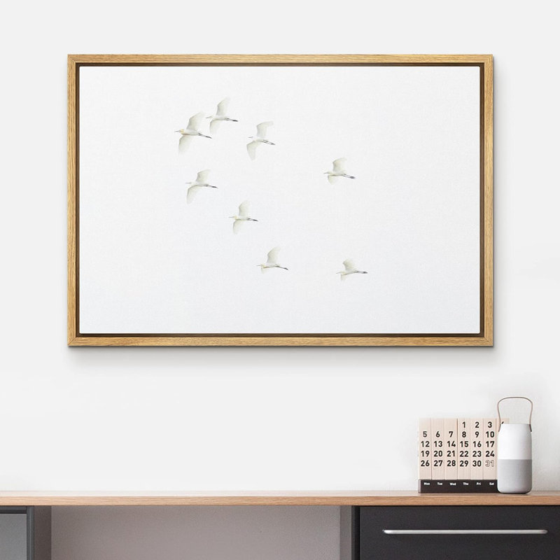 Bird " Duotone White Gray Birds Flying In Sky ", Natural Frame, 24" H x 36" W x 1.5" D