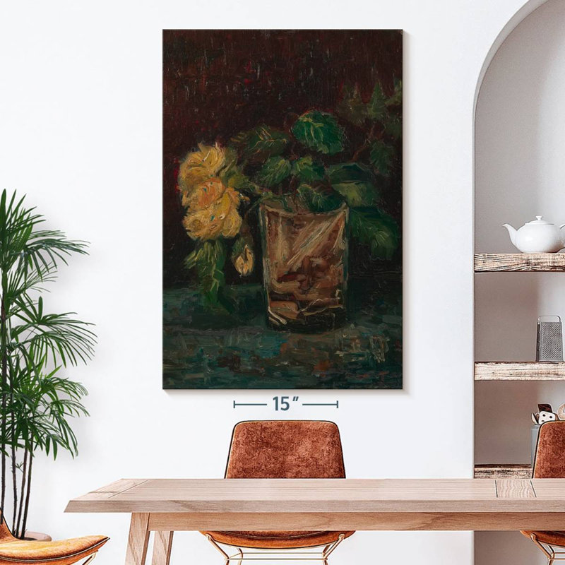 Verre avec roses jaunes, H 51 po x l 34 po