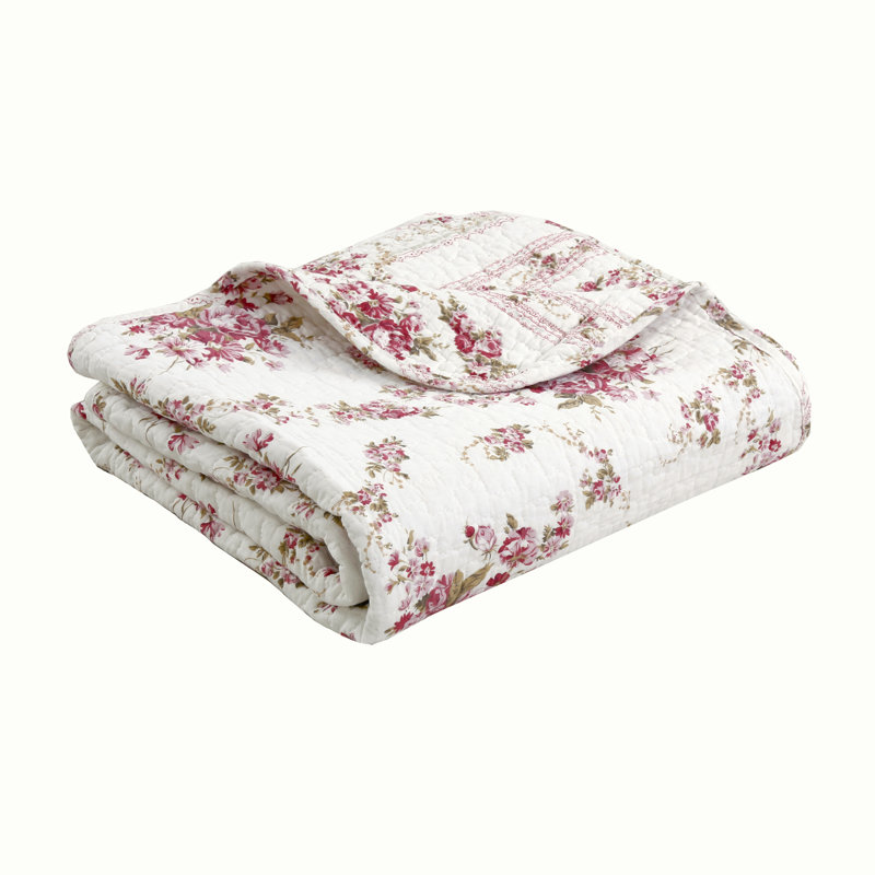 Fuchsia Pink Rose Floral Cotton Quilted Throw Blanket