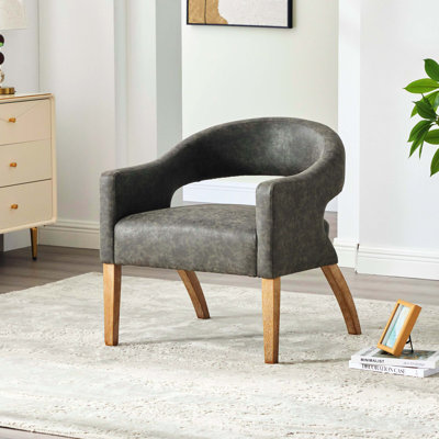 Fauteuil d'appoint rembourré en polyuréthane gris avec dossier ouvert, pieds en bois d'hévéa vieilli, fauteuil club latéral creux pour le salon, la chambre à coucher, le restaurant, les cafés, la réception