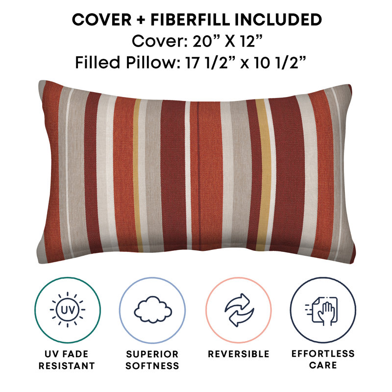 Striped Brick and Beige Olefin Lumbar Outdoor Pillows, Set of 2