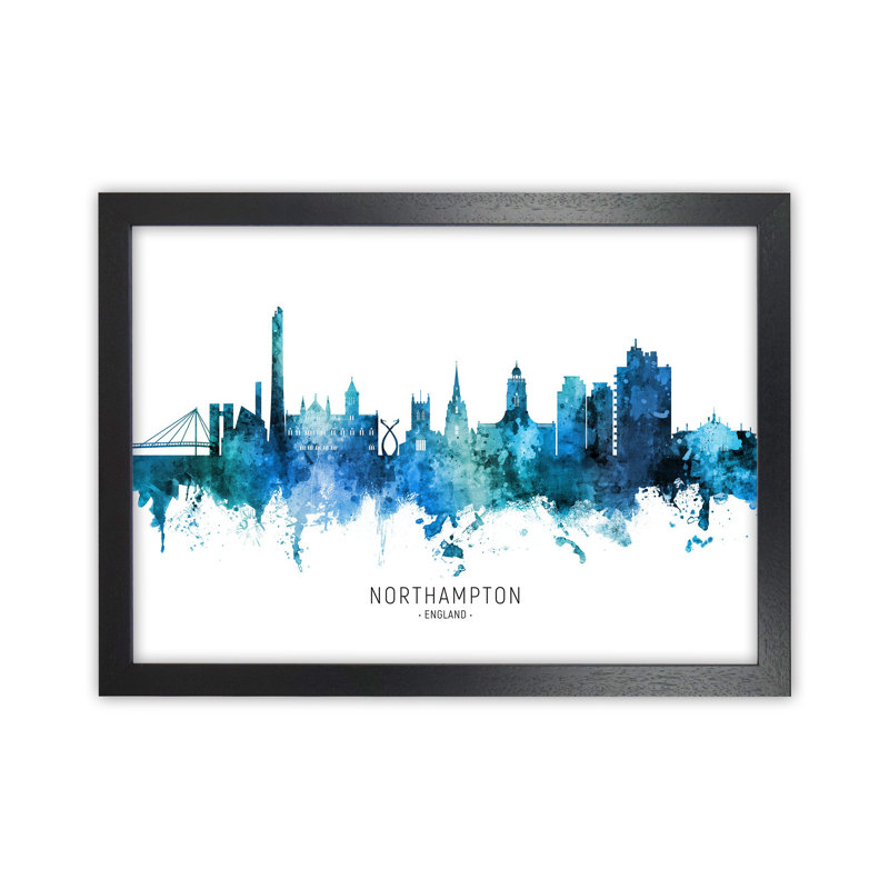 Northampton England Skyline Blue City Name by Michael Tompsett - Print, Black Framed, 64cm H x 88cm W x 3cm D