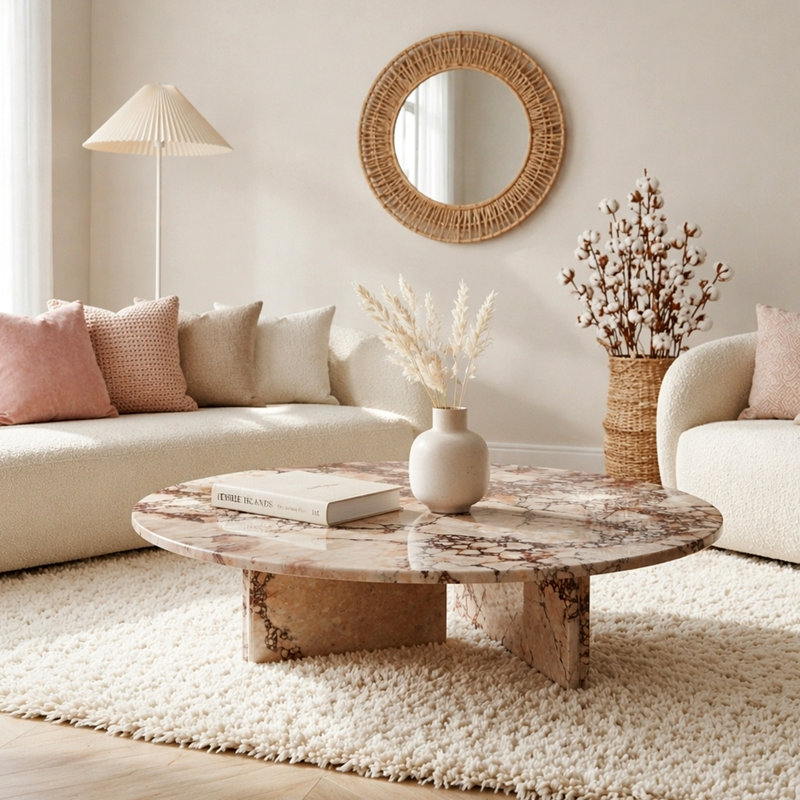 Table basse luxueuse en marbre naturel rose, pierre véritable, centre de table élégant