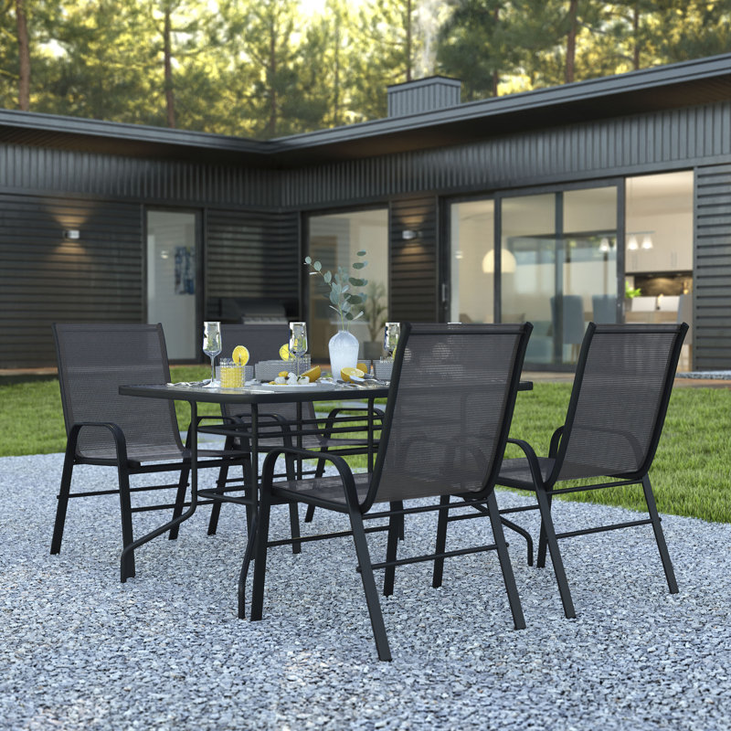 Elgin Patio Dining Set with Glass Table and Flex Stack Chairs, Black, 4