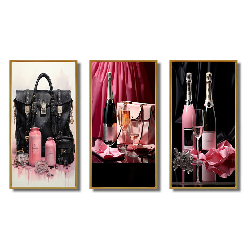 «Pink Designer Sacs Glamour II», art mural 3 pièces, H 40 po x l 60 po, Encadrement doré