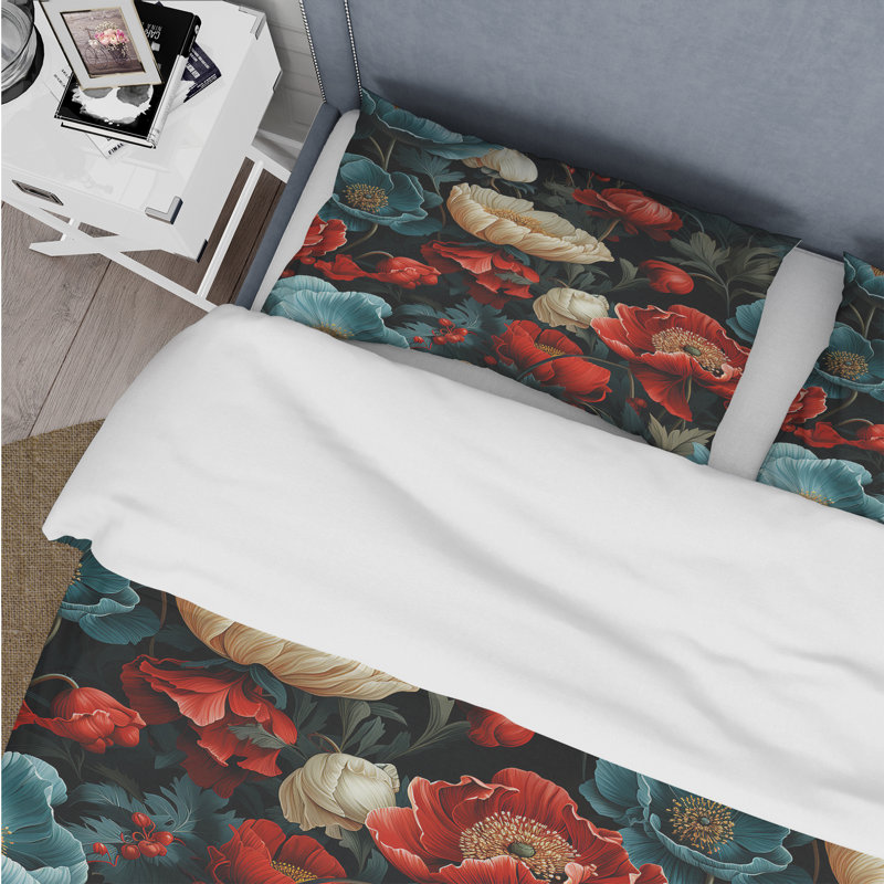 Literie florale rouge foncé et beige, Housse de couette pour très grand lit et 2 très