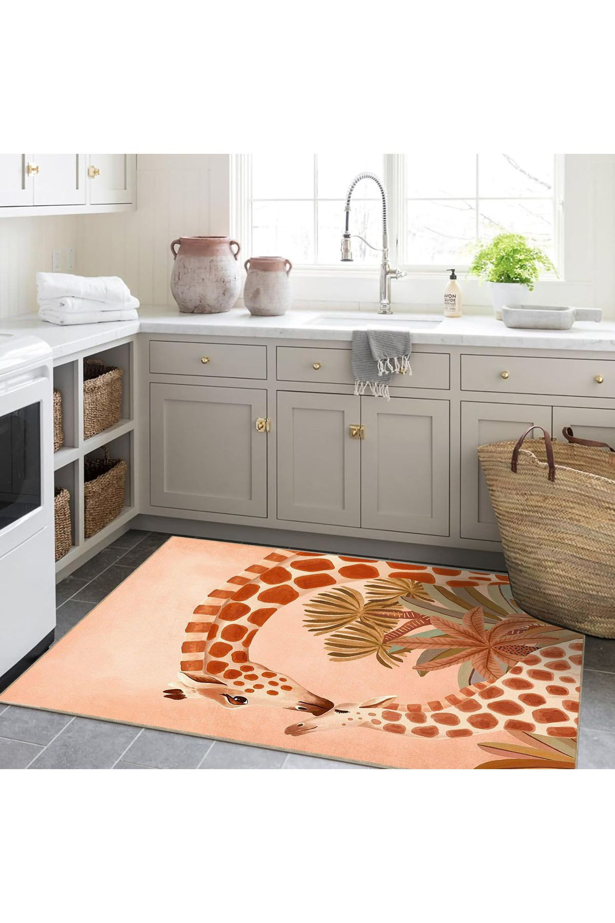 Hokku Designs Beige Toned Baby and Mother Giraffe Patterned Woven Base ...