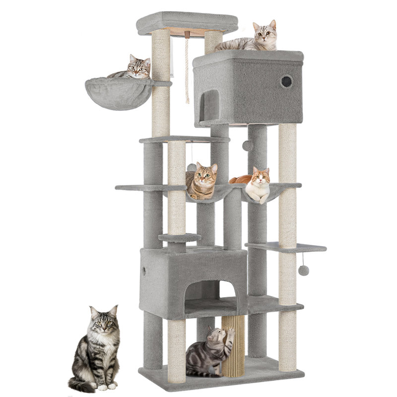 Poteau à griffes pour chat, arbre à chat 70,1 po multicouche avec grande plateforme, 2 grottes, 7 poteaux en sisal, pompons, panier à chat, hamac, gris clair